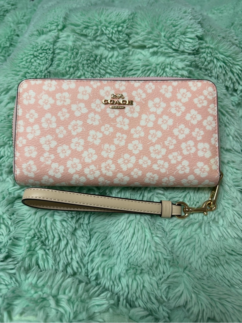 Coach Pink Floral Zip Wristlet Wallet with Cream Strap